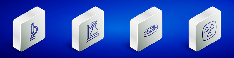 Set Isometric line Microscope, Test tube flask on stand, Petri dish with bacteria and Radioactive icon. Vector