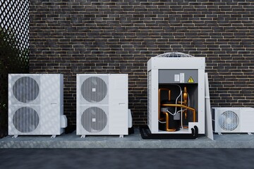 four different air conditioners against a brick wall 3d