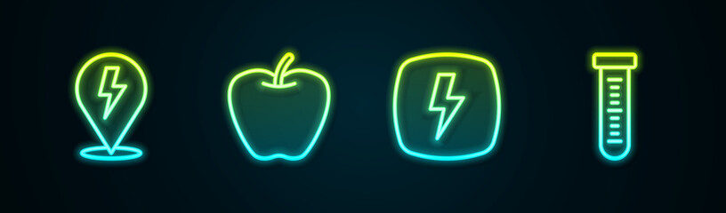 Set line Lightning bolt, Apple, and Test tube. Glowing neon icon. Vector