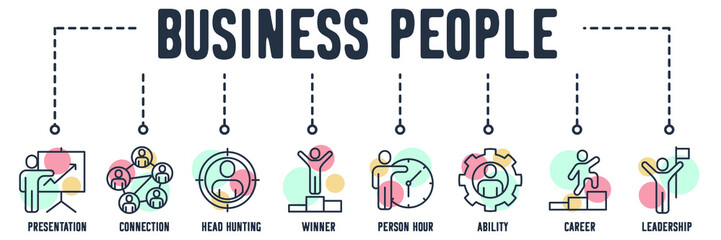 Obraz premium Business People banner web icon. presentation, connection, head hunting, winner, person hour, ability, career, leadership vector illustration concept.