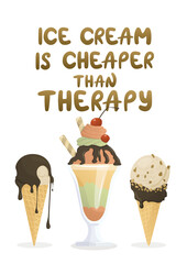 Postcard with three different ice creams and handwritten lettering 