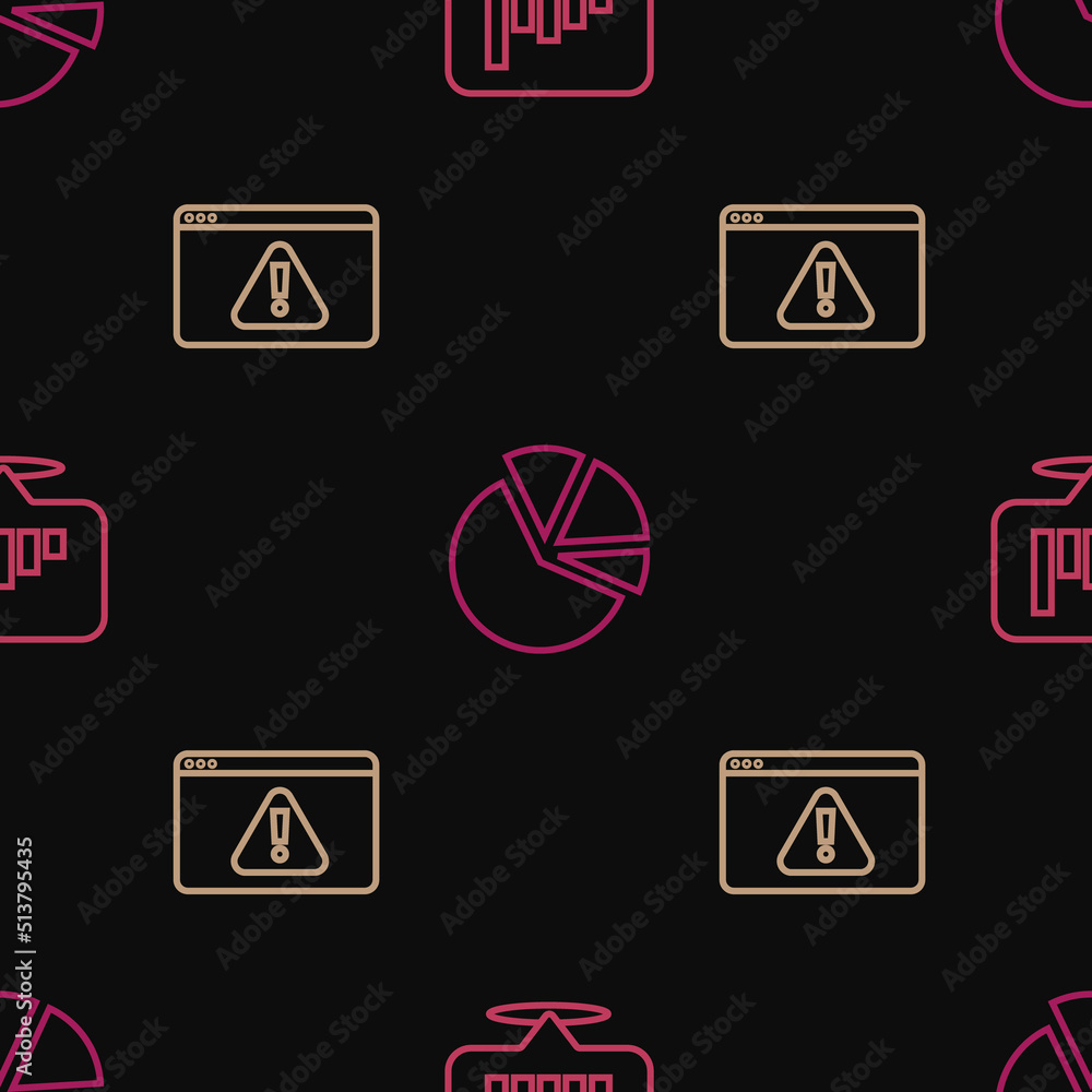Poster set line pie chart infographic, browser with exclamation mark and on seamless pattern. vector