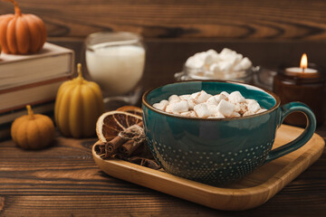 Cup of tasty cocoa drink and marshmallows in blue cup.Spices and marshmallows for winter drinks on brown texture table.Winter hot drink.Hot chocolate with marshmallow and spices.Copy space.