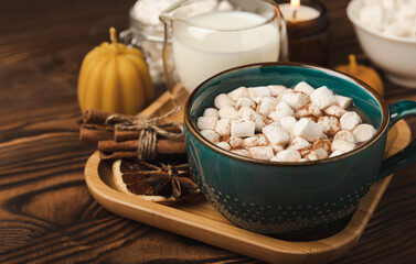 Cup of tasty cocoa drink and marshmallows in blue cup.Spices and marshmallows for winter drinks on brown texture table.Winter hot drink.Hot chocolate with marshmallow and spices.Copy space.