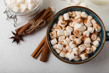 Cup of tasty cocoa drink and marshmallows in blue cup.Spices and marshmallows for winter drinks on white texture table.Winter hot drink.Hot chocolate with marshmallow and spices.Copy space.