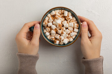 Cup of tasty cocoa drink and marshmallows in hands.Spices and marshmallows for winter drinks on a textured background.Winter hot drink.Hot chocolate with marshmallow and spices.Copy space.