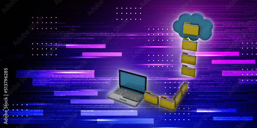 Poster 3d rendering cloud folder storage in laptop