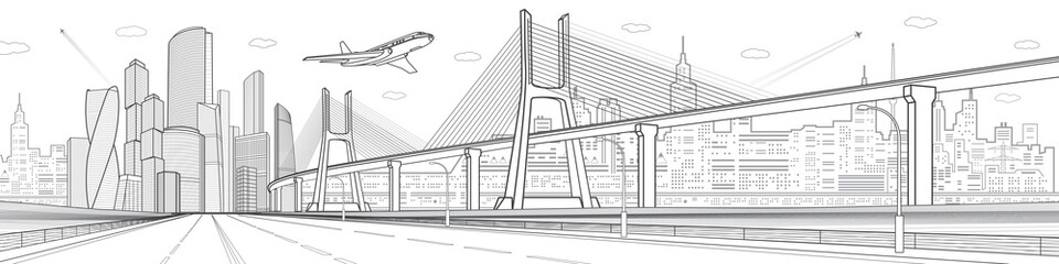 Infrastructure city panorama. Large cable-stayed bridge. Gray outlines on white background.  Airplane fly. Empty highway. Modern city, towers and skyscrapers, urban scene, vector design art 