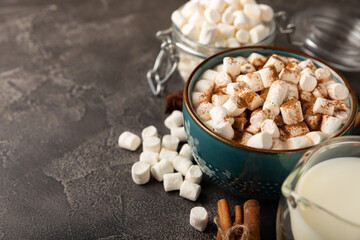 Cup of tasty cocoa drink and marshmallows in blue cup.Spices and marshmallows for winter drinks on black texture table.Winter hot drink.Hot chocolate with marshmallow and spices.Copy space.