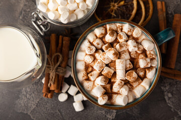 Cup of tasty cocoa drink and marshmallows in blue cup.Spices and marshmallows for winter drinks on black texture table.Winter hot drink.Hot chocolate with marshmallow and spices.Copy space.