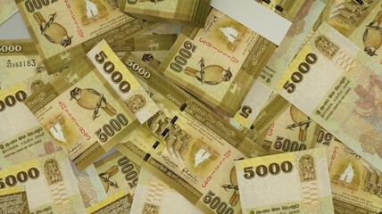 3D rendering of 5000 Sri Lankan rupee notes spread on surface
