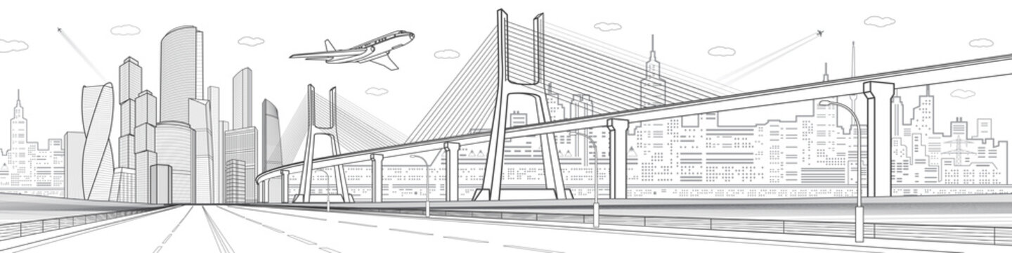 Infrastructure city panorama. Large cable-stayed bridge. Gray outlines on white background.  Airplane fly. Empty highway. Modern city, towers and skyscrapers, urban scene, vector design art 