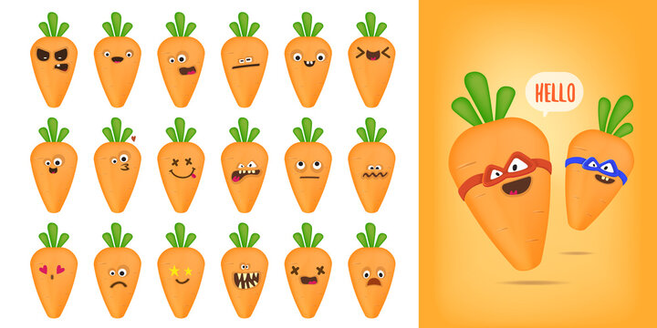 Cute smiling carrots collection isolatd on white background. Set of funky Emoji carrot. Smile vegetable sticker set with emotions.