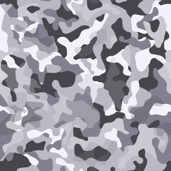 Camouflage pattern background seamless vector illustration. Splashes masking camo repeat print. Grey black and white.