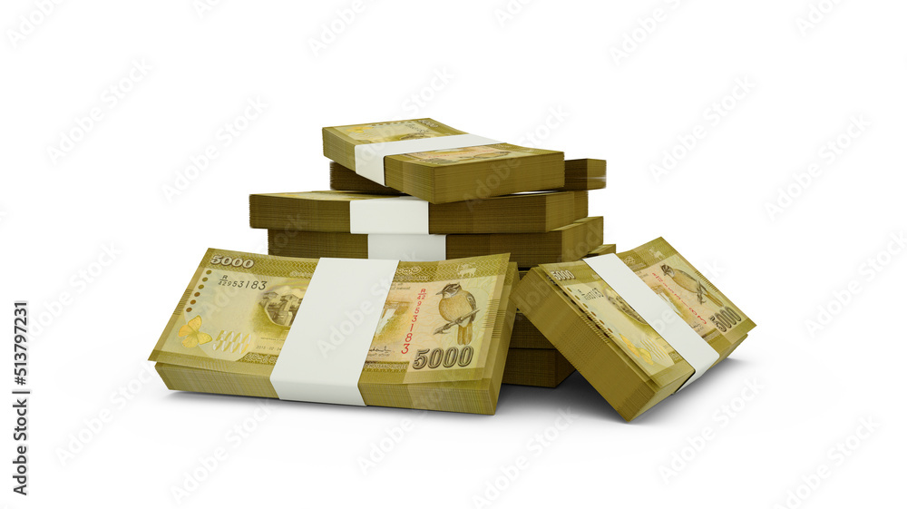 Poster 3d rendering of stack of sri lankan rupee notes. bundles of sri lankan currency notes isolated on wh