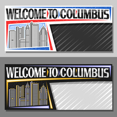 Vector layouts for Columbus with copy space, decorative voucher with line illustration of columbus city scape on day and dusk sky background, art design tourist coupon with words welcome to columbus