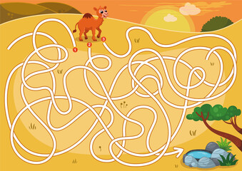 The camel is thirsty, can you guide it to the water pond? Maze puzzle game for children. Vector illustration.