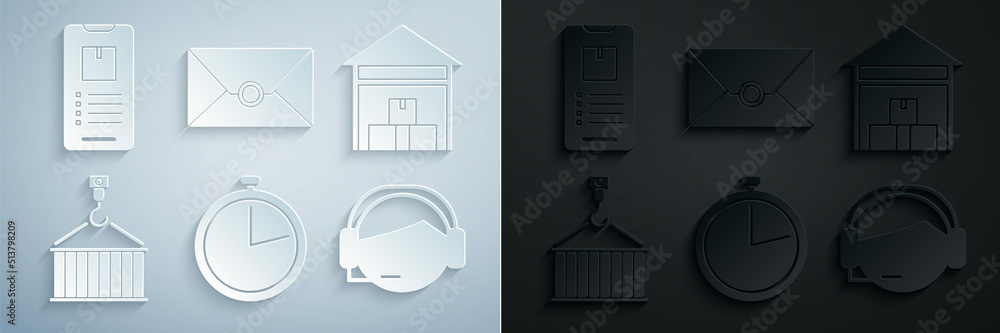 Poster set stopwatch, warehouse, container on crane, support operator touch, envelope and mobile phone with