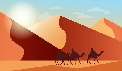 Desert landscape with sand dunes, camel caravan