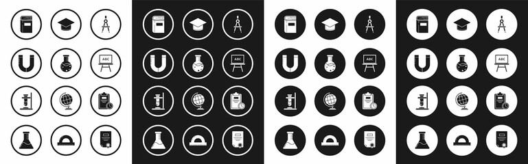 Set Drawing compass, Test tube and flask chemical laboratory, Magnet, Book, Chalkboard, Graduation cap, Exam sheet with clock and Glass test fire icon. Vector