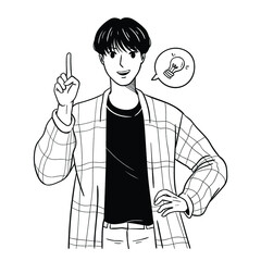 Hand drawn doodle illustration of a man having idea and solution concept