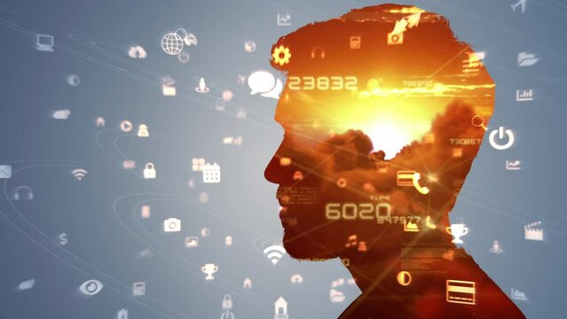 Close Up of Man Silhouette With Clouds and Network Connections. Internet of Things, Artificial Intelligence, Futuristic Concept. Holographic Technology Icons. Double Exposure.