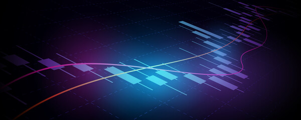 close up widescreen Financial graph with abstract trend line chart in stock market on neon color background