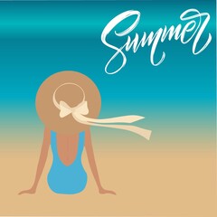 Vector romantic girl in blue swimsuit