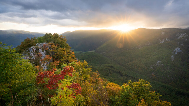 Beautiful woodland valley with autumn colors during sunset, Slovakia, Europe