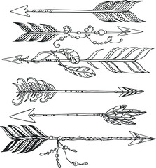 boho set of ethnic arrows with beads and feathers vector hand drawn illustration