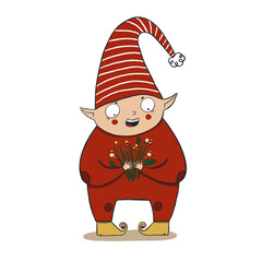 Christmas elf cartoon illustration. Funny New Year character.