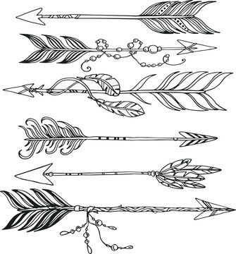 boho set of ethnic arrows with beads and feathers vector hand drawn illustration