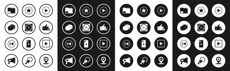 Set Play in circle, Vinyl disk, Speech bubble chat, Document folder, Hand like, Star, square and Rewind icon. Vector