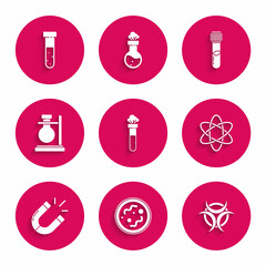 Set Test tube and flask chemical, Bacteria, Biohazard symbol, Atom, Magnet, on stand, and icon. Vector