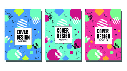 Set of cover design in Memphis style. Years’90. Geometric design, abstract background. Fashionable bright cover, banner, poster, booklet. Creative colors. Vector