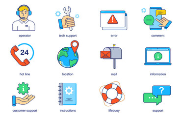 Customer support concept line icons set. Pack outline pictograms of operator, error, comment, hotline, location, mail, information, lifebuoy, help. Vector flat elements for mobile app and web design