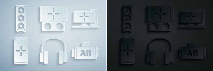 Fototapeta premium Set Headphones, Computer monitor, Smartphone and playing in game, Ar, augmented reality, Portable video console and Stereo speaker icon. Vector