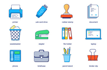 Office supplies concept line icons set. Pack outline pictograms of printer, usb card drive, rubber stamp, document, wastebasket, stapler, files. Vector flat elements for mobile app and web design