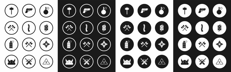 Set Hand grenade, Military knife, Crossed medieval axes, Battle hammer, dynamite stick timer clock, Pistol or gun, Japanese ninja shuriken and icon. Vector