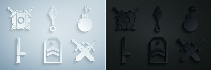 Set Chevron, Bomb ready to explode, Police rubber baton, Crossed medieval sword, Japanese ninja shuriken and Wooden shield with crossed swords icon. Vector © Oksana