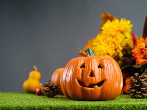 Halloween composition on green grass. Orange pumpkin with carved face and smile, autumn fruits and flowers. Grey background. The concept is the celebration of the autumn holiday Halloween.