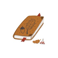 Autumn cartoon illustration. Book with berries and leaf.