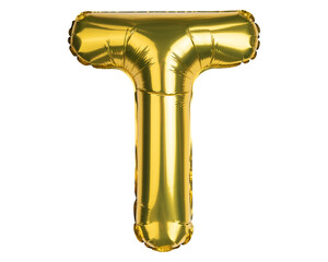 English Alphabet Letters. Letter T. Balloon. Yellow Gold foil helium balloon. Good for party, birthday, greeting card, events, advertising. High resolution photo. Isolated white background.