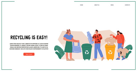 Obraz premium Eco-friendly people sorting waste for recycle and reuse. Save the planet and environment concept for website template, flat design vector illustration on white.