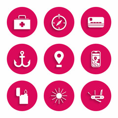 Set Location, Sun, Swiss army knife, City map navigation, Lighter, Anchor, Credit card and First aid kit icon. Vector