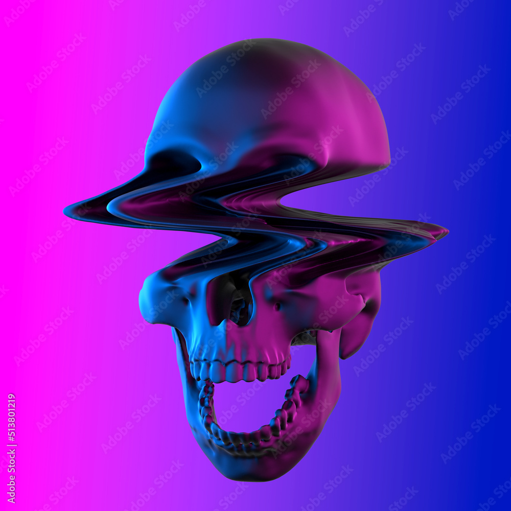 Aufkleber digital illustration from 3d rendering of glitch deformed screaming skull in synthwave vibrant color