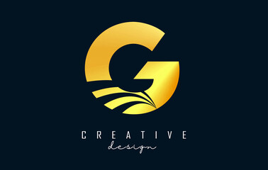 Creative golden letter G logo with leading lines and road concept design. Letter G with geometric design.