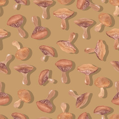 autumn watercolor mushrooms with wavy cap vector seamless pattern isolated hand drawn
