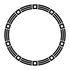 Abstract round meander, circular geometric ornament, frame made of geometric shapes, stripes. Ethnic pattern isolated on white background. Place for text. Vector monochrome illustration.