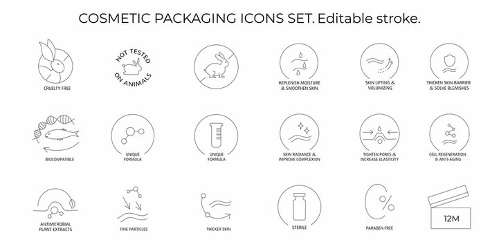 Cosmetic packaging icons set. Editable stroke. Vector stock illustration isolated on white background for beauty and skin care product - face cream, lotion, shampoo.